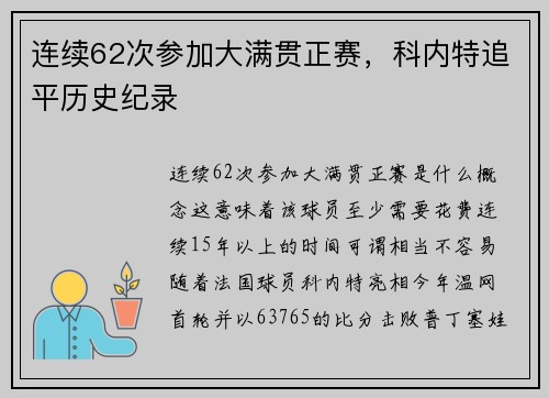 连续62次参加大满贯正赛，科内特追平历史纪录